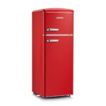 SEVERIN Réfrigérateur Congélateur 2 portes, Pose libre, Largeur 55 cm, 206L, Classe E, Veggibox incluse, Rétro, Rouge, RKG 8930