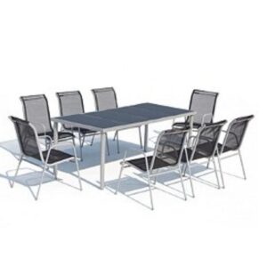 Lusiana 8 : ensemble de jardin en acier inoxydable gris et textilène 8 personnes Design Moderne