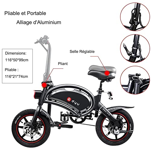 DYU Vélo Électrique Pliable,14 Pouces Vélo Électrique Portable,Smart E-Bike avec 3 Modes de Conduite, Pédalage Assisté, Hauteur Réglable, Portable Compact, Adulte Unisexe – Image 2