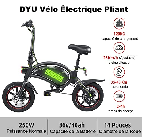 DYU Vélo Électrique Pliable,14 Pouces Vélo Électrique Portable,Smart E-Bike avec 3 Modes de Conduite, Pédalage Assisté, Hauteur Réglable, Portable Compact, Adulte Unisexe – Image 3