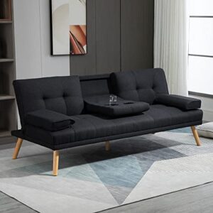 HOMCOM Canapé Convertible 3 Places Design scandinave Inclinaison Dossier réglable 3 Niveaux Dossier Centrale Rabattable 2 Porte-Verres Bois Massif Lin Gris