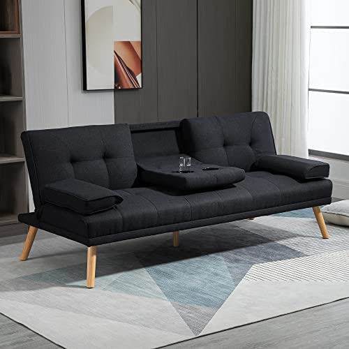 HOMCOM Canapé Convertible 3 Places Design scandinave Inclinaison Dossier réglable 3 Niveaux Dossier Centrale Rabattable 2 Porte-Verres Bois Massif Lin Gris