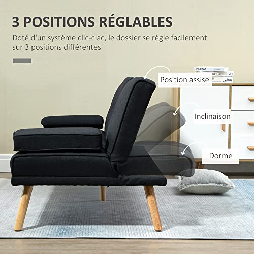HOMCOM Canapé Convertible 3 Places Design scandinave Inclinaison Dossier réglable 3 Niveaux Dossier Centrale Rabattable 2 Porte-Verres Bois Massif Lin Gris – Image 4